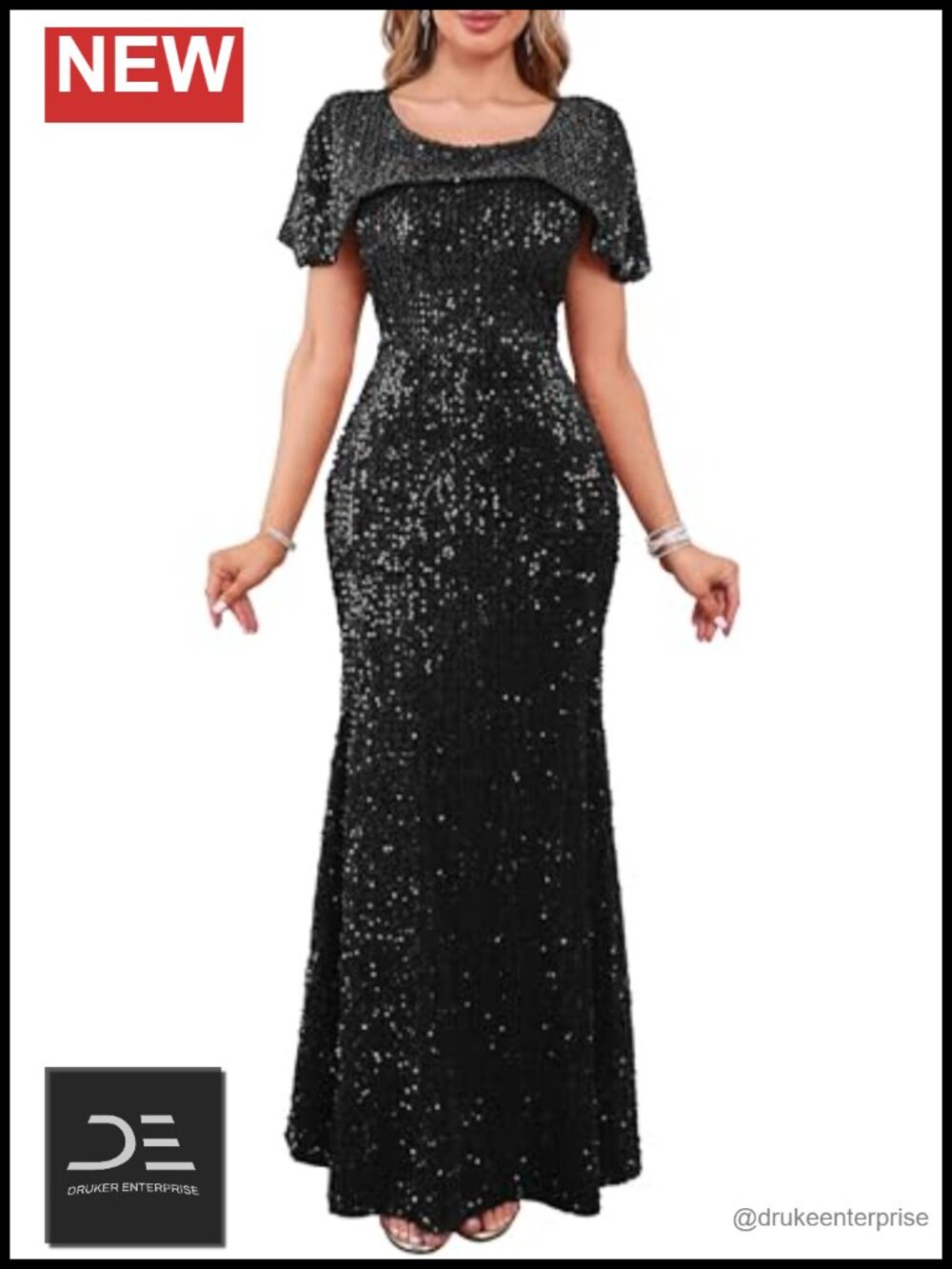 Sequin Cape Sleeve Mermaid Formal Gown Party Evening Dress